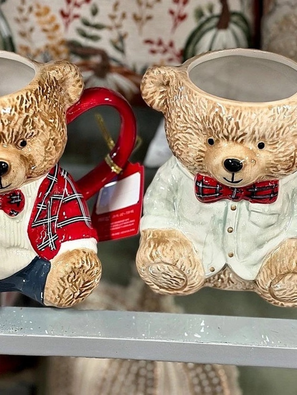 Teddy Bear Plaid Mug Set Red & Green NWT